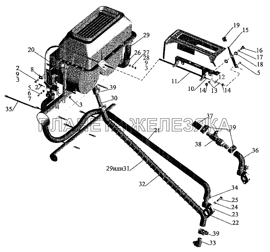 Установка шлангов и крана управления отопителем МАЗ-6303 (2005)